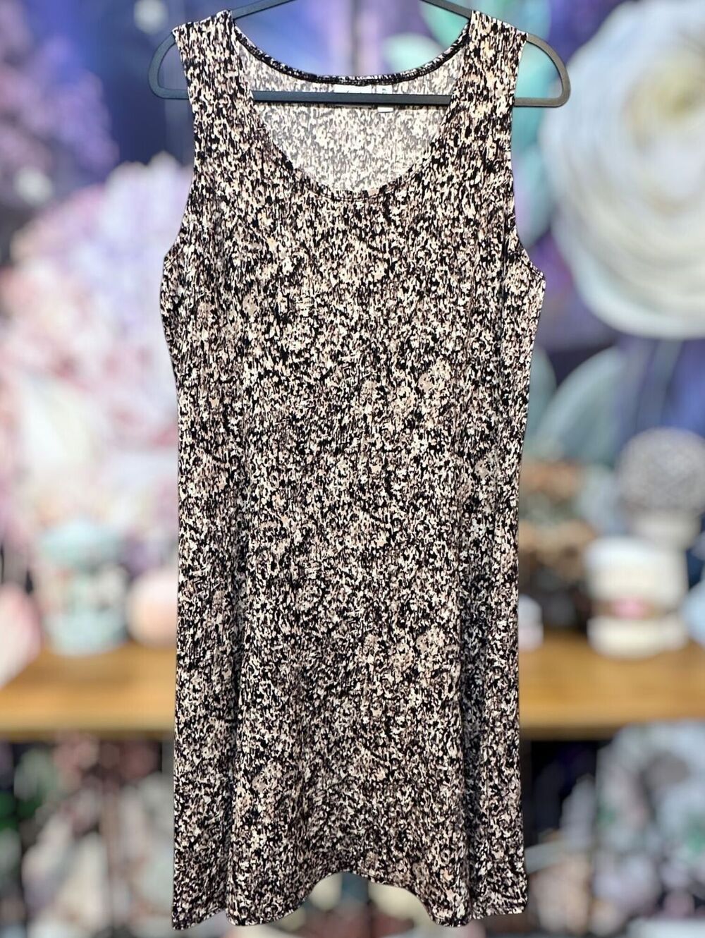 Kim Rogers Petite PL Sleeveless A-Line Dress Abstract Animal Print Stretch Brown